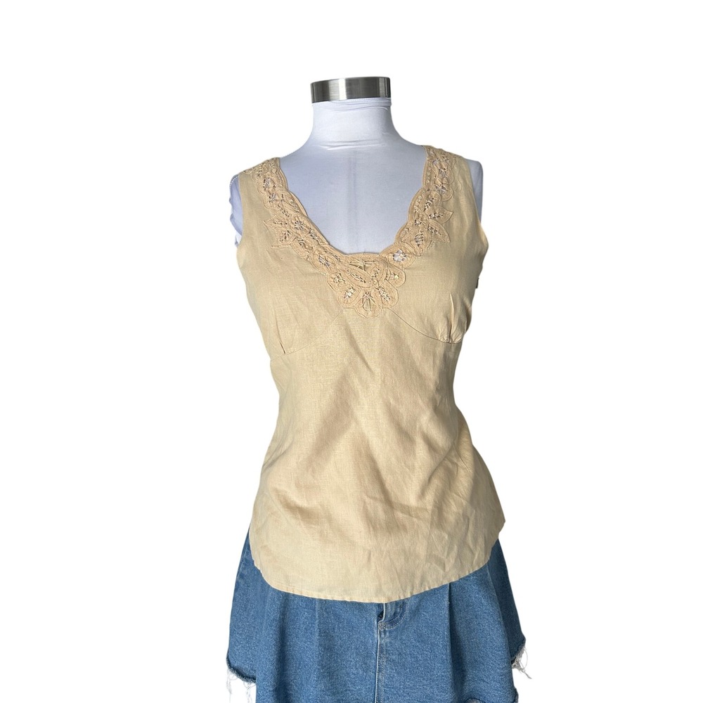 Spenser Jeremy Tank Top 6 Tan Lace Trim Sequin V-Neck Linen Blend